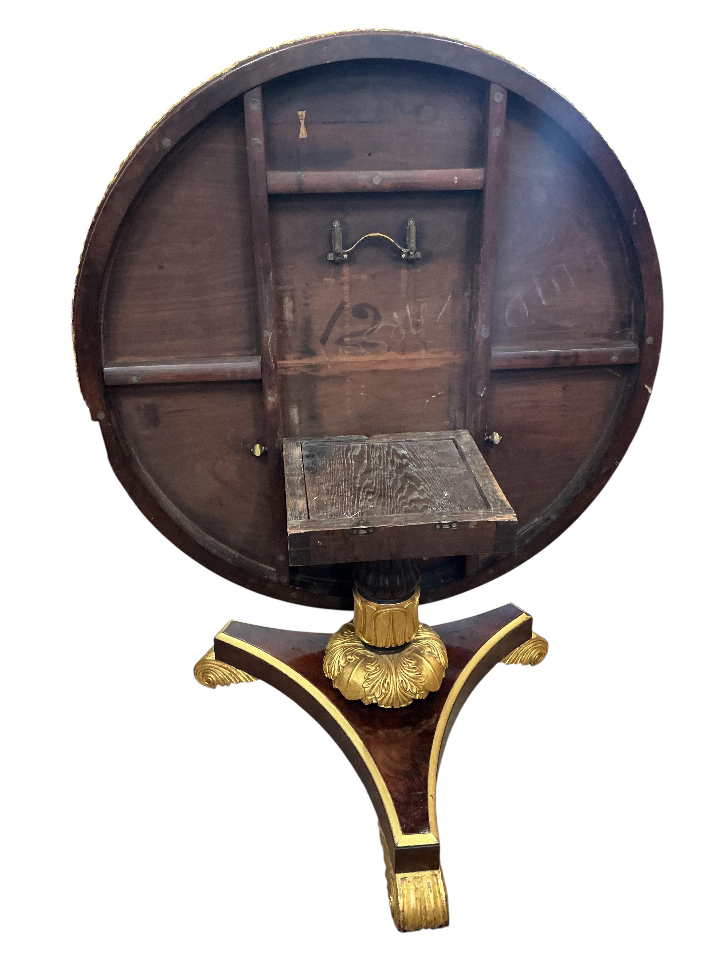 A William IV and later segmental mahogany veneer, parcel gilt circular tilt top breakfast table, diameter 120cm, height 72cm and a harlequin set of six later painted balloon back chairs